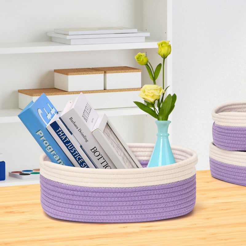 HLWDFLZ 7 Piece Cotton Rope Woven Basket Set - Small Basket for Baby Nursery, Pets, Montessori, Dog & Cat Toy Boxes, Bathroom Organization Bins (White/Purple) - Image 5